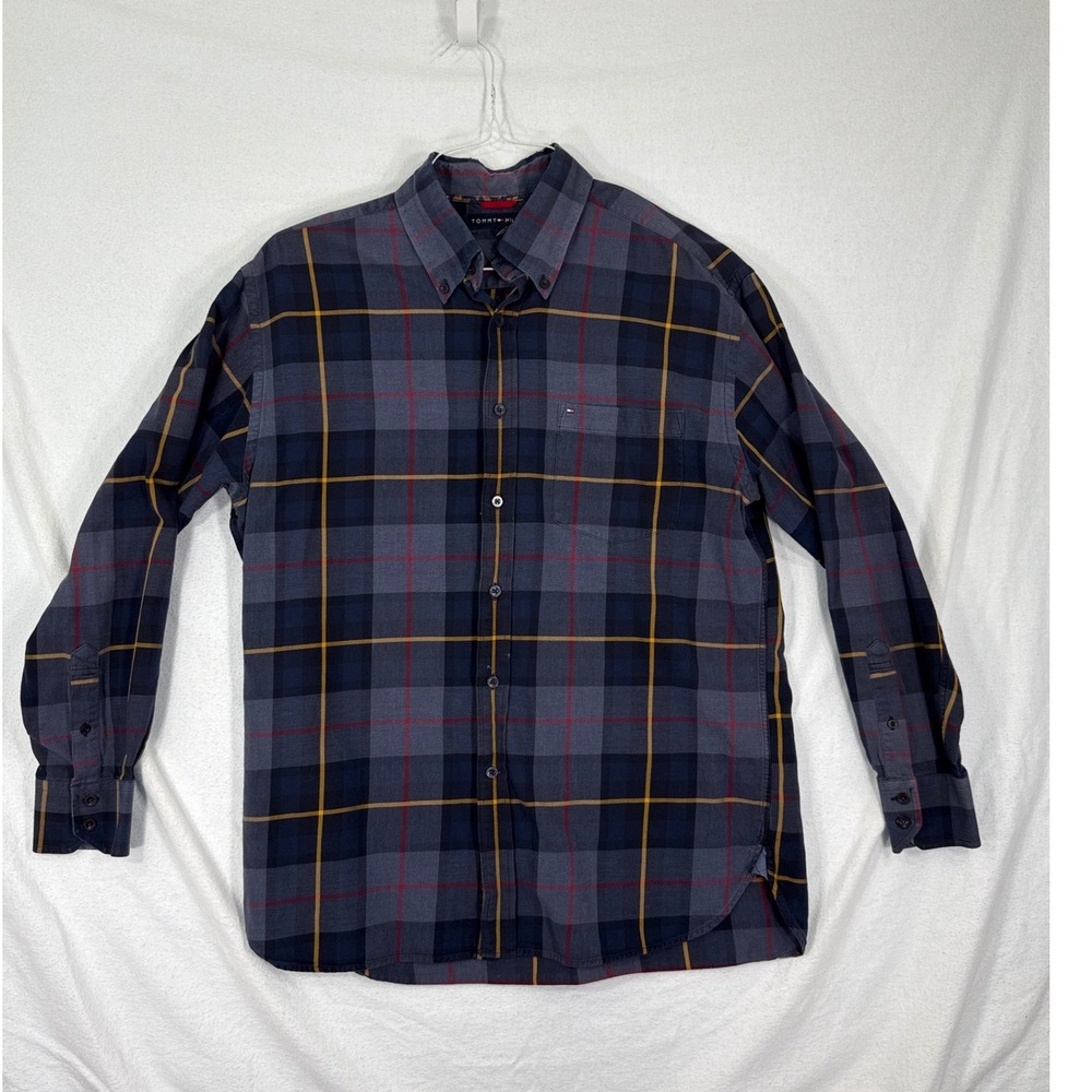 Tommy Hilfiger Mens Large Plaid Button Down Shirt Navy Blue Grey Long Sleeve